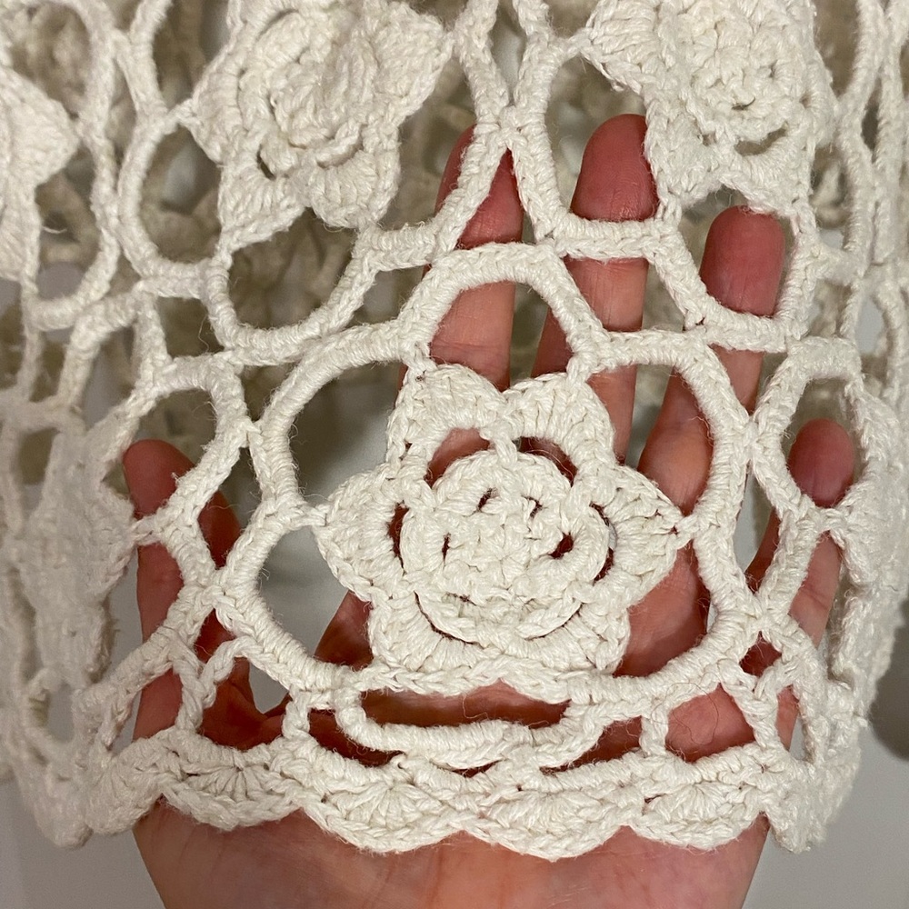90s Crochet Floral Open Knit Cropped Sweater Vintage Cream Large - Picture 4 of 7